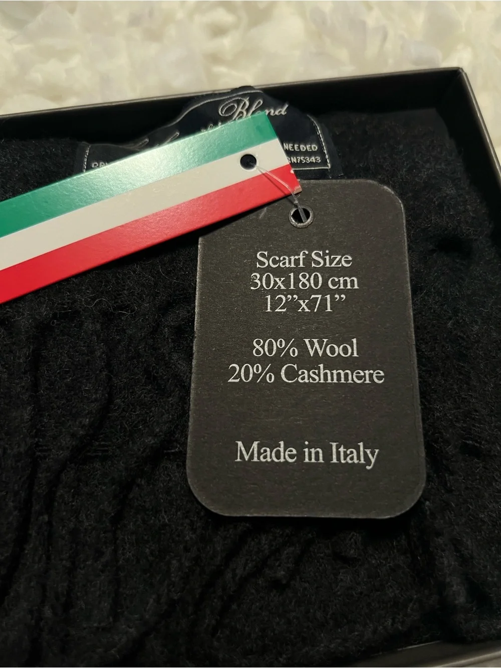 Linea Emmeti Cashmere Wool Blend Black Scarf Men’s 12” X 71” Made in Italy